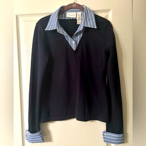Liz Clayborne long sleeve navy blue sweater shirt w/blue striped shirt insert.